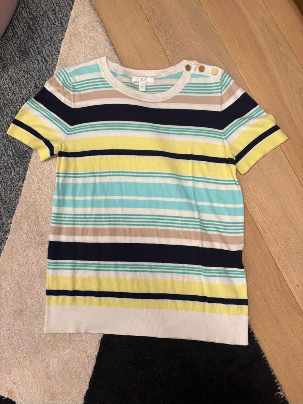 1901 Women’s Short-Sleeve Striped Knit Top with Gold Button Details Size XL